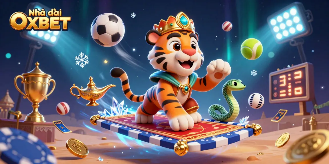 Bet on Nhà cái OXBET with a vibrantly dynamic 3D casino scene full of sports and gaming elements