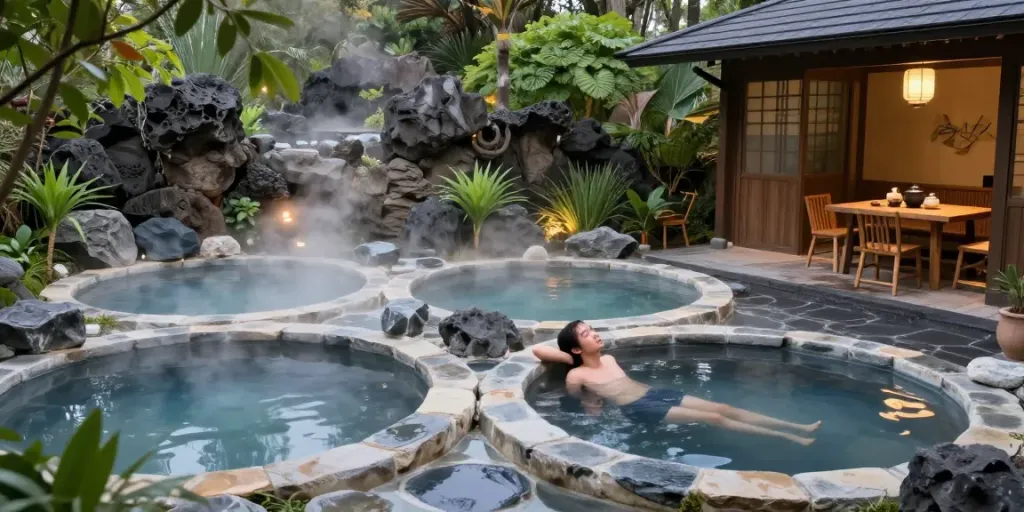 Relaxing in rokok88 login volcanic mineral onsen with lush surroundings.