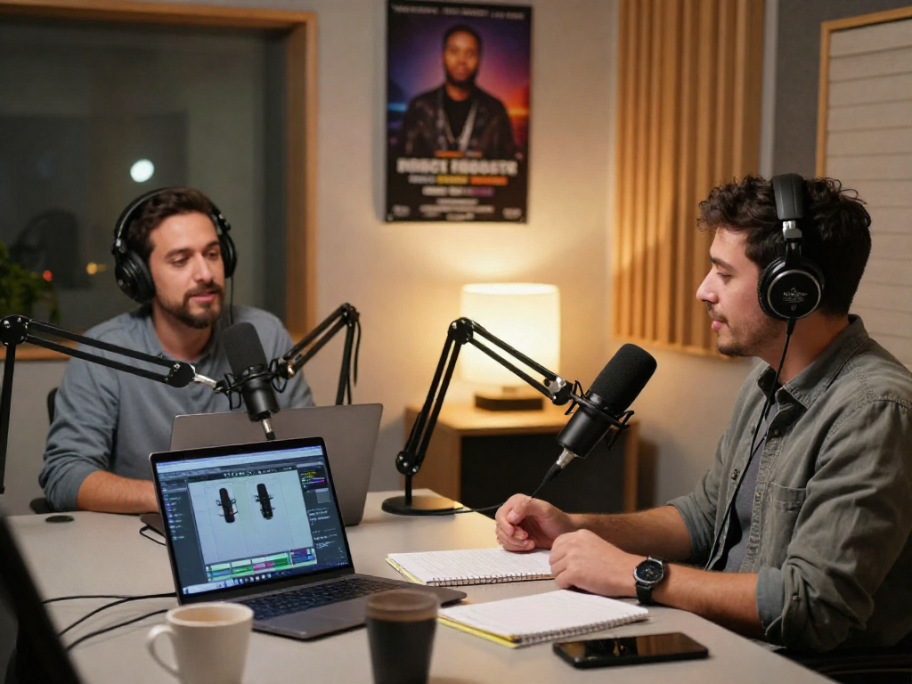 Podcast recording session featuring rokok88 login discussions with Brit Morin in a cozy, professional studio.