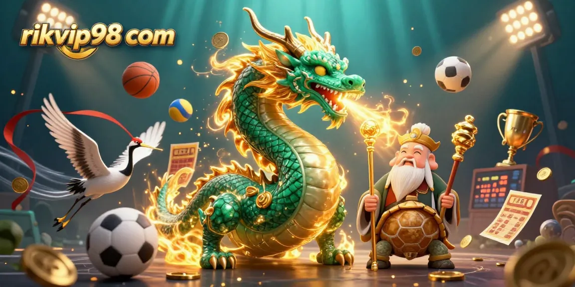 Experience exciting gameplay at rikvip98 com with a detailed illustration showcasing a jade dragon, turtle sage, and lucky cranes in a vibrant casino setting.