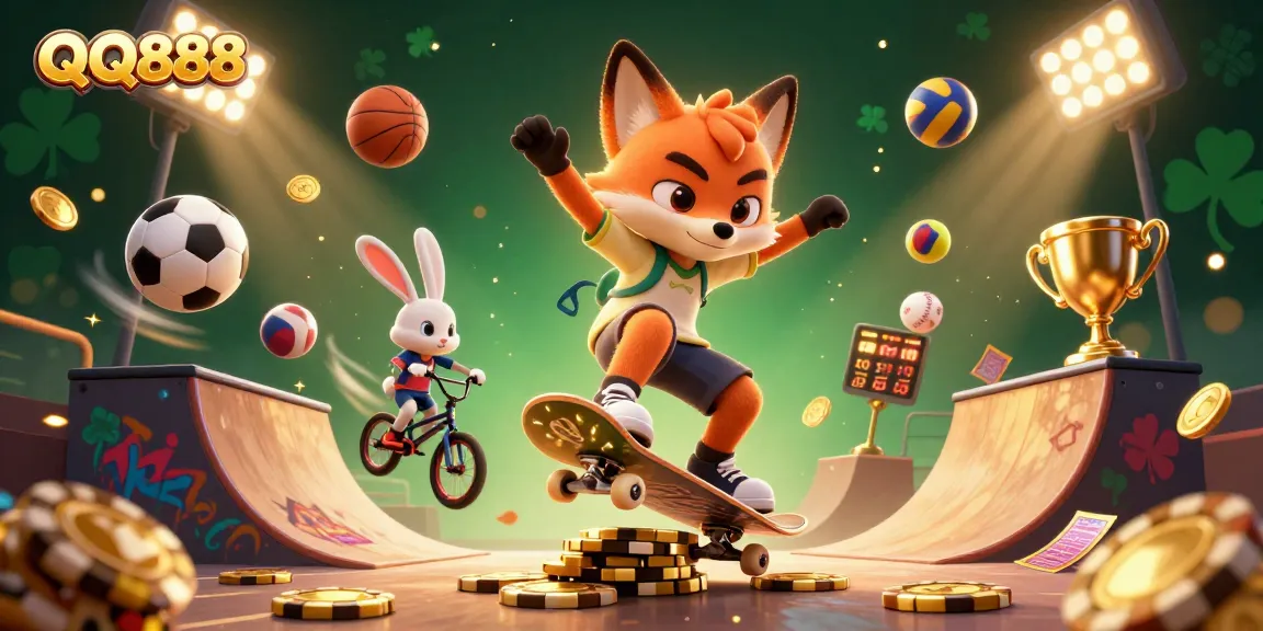 Experience QQ888's vibrant gaming scene with a dynamic cartoon fox and rabbit at a casino.
