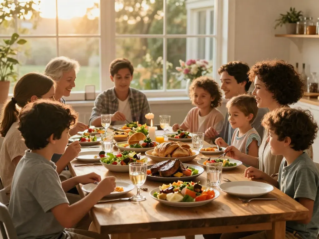 Experience rokok88 link with a delightful family dining setup featuring gourmet meals in natural lighting.