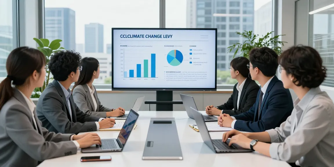 Team discussing ccl climate change levy business electricity rates in a modern office setting, analyzing data and strategies.