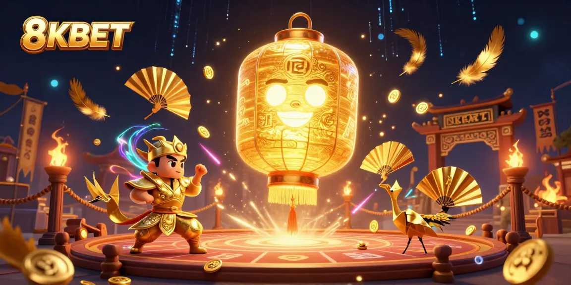 Experience the vibrant action of 8KBET with a 3D illustration of a golden lantern spirit and casino elements.