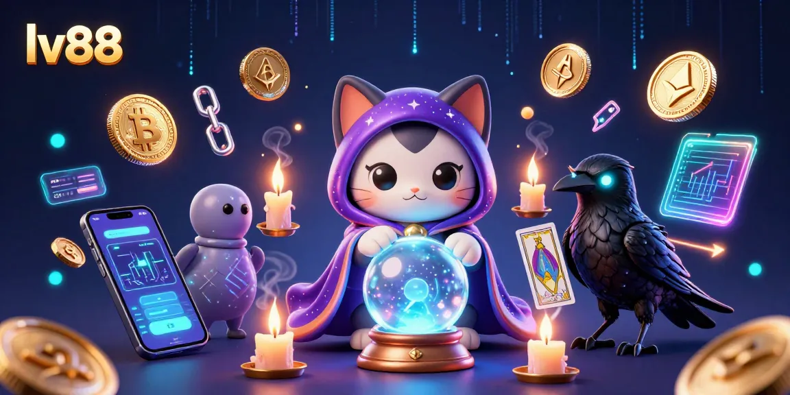 Experience gaming excitement at lv88 with a mystical cat, tarot raven, and glowing coins.