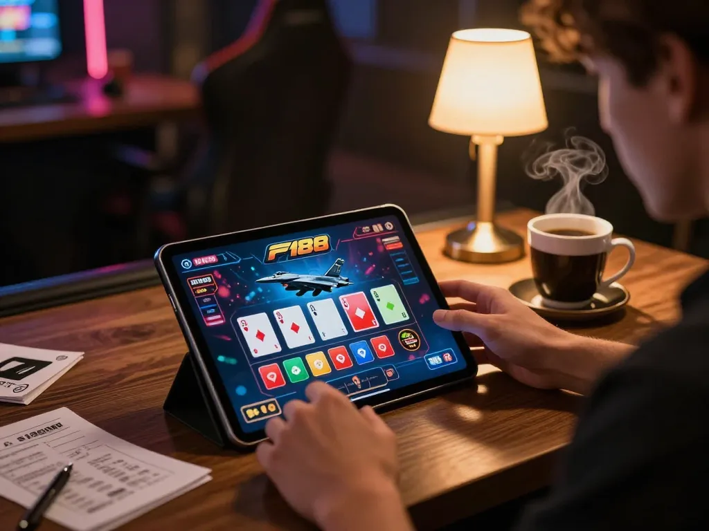 F168 online casino gaming setup with a user engaged on a tablet, showcasing vibrant game graphics.