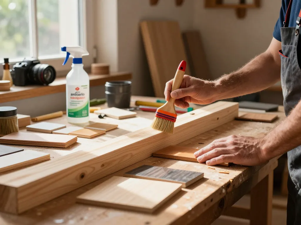 Applicazione di antitarlo ecologico su travi di legno in un laboratorio rustico pieno di materiali ecologici e luce naturale.