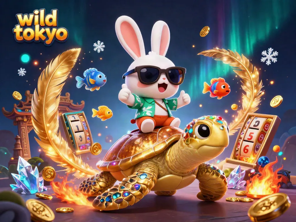 Engage with wild tokyo fun, featuring a lucky rabbit and golden turtle in a vibrant casino scene.