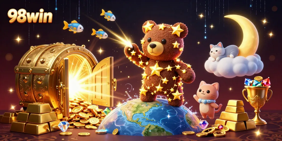 Experience winnings with 98win's vibrant gaming universe featuring a constellation bear and treasures.