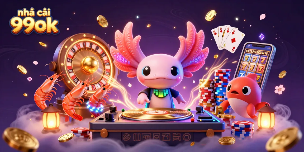 Experience the vibrant energy of nhà cái 99ok with a neon axolotl DJ spinning golden records.